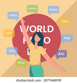 Happy young girl  saying hello in different languages. hello world day.  Bilingual concept. International friendship communication set. vector colorful illustration