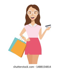 Happy young girl shopper vector illustration of a flat design. The girl holds packages and a credit card in the hands. Big sale concept