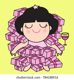 Happy Young Girl Sitting In The Pile Of Present Boxes With A Glass Of Wine Nearby. Concept Of Christmas Celebration Card Character illustration