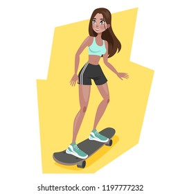 Happy young girl skateboarding. Beautiful joyful skateboarder teenager in fashion clothes. Isolated flat vector illustration