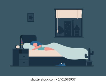 Happy young girl sleeping in her room in bed at night.