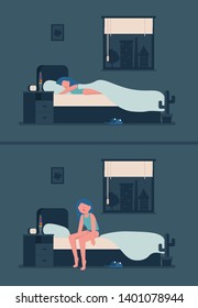 Happy young girl sleeping in her room in bed at night. Woman wakes up at night because of insomnia. Flat vector illustration.