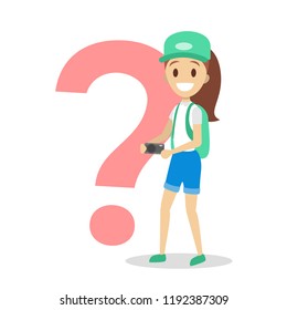 Happy young girl standing at the question mark with travel backpack and camera. Tourist with bag on journey. Isolated flat vector illustration