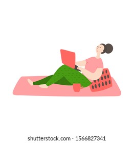 Happy young girl stays at home with laptop. Woman lazily resting with a laptop. Daily life and routine by young woman at home. Flat cartoon vector illustration