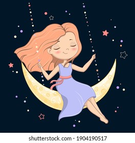Happy young girl swinging on the moon