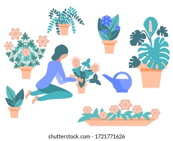 Happy young girl take care of indoor plants. Home hobby.  A woman enjoys domestic activity. A female character in a flat style replants flowers in the house. Vector illustration in cartoon style.