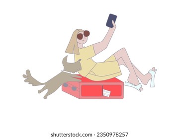 Happy young girl Tourist sitting on a suitcase and taking a selfie on the phone with dog. Illustration in line Art style of travelers isolated on white background