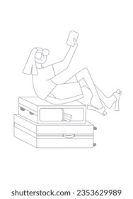 Happy young girl Tourist sitting on a Pile Of Luggage and taking a selfie on the phone. Illustration in line Art style of travelers isolated on white background