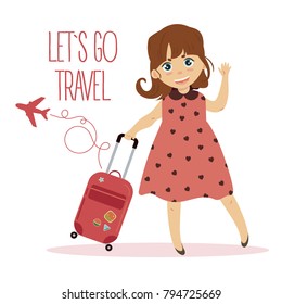 Happy young girl tourist standing with her baggage spinner valise and waving. Summer holiday and travelling concept. Lets go travel text. Flat modern vector illustration isolated on white background