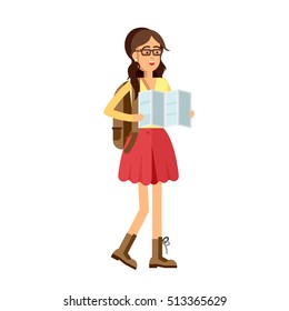 Happy young girl traveling with backpacks and travel bag. Modern student go to traveling. Vacation.