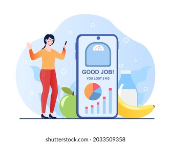 Happy young girl use weight loss app to control food consumption. Positive result in diet program. Flat abstract metaphor vector cartoon illustration concept isolated on white background