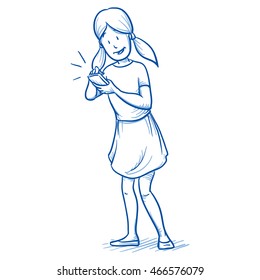 Happy young girl using her smart phone. Hand drawn cartoon doodle vector illustration.