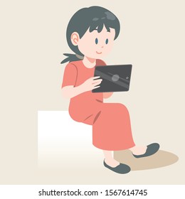 Happy young girl using tablet or reading ebook. Child and modern technology colorful cartoon character,Book lover, reader, working isolated on background. Flat cartoon vector illustration.