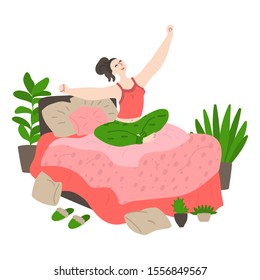 Happy young girl wakes up and stretches in bed early in the morning. Woman wakes up and stretches in bed. Daily life and routine by young woman at home. Flat cartoon vector illustration