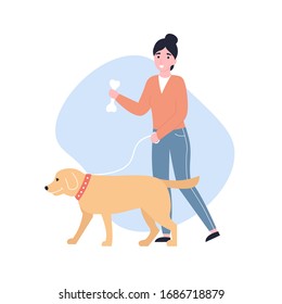 Happy young girl walking with a dog. Flat vector modern cartoon illustration.