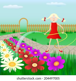 Happy young girl watering the flowers at summer