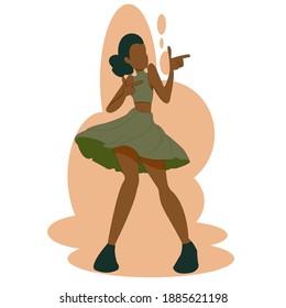 Happy young girl wearing green short flared skirt and green sleeveless shirt  is dancing to music or song.Woman enjoy music on brown background.Vector simple  flat illustration design for happy times