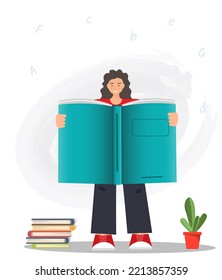 Happy young girl, woman or student reading huge book, reading books, education concept, home library concept, reading is power concept, flat vector illustration