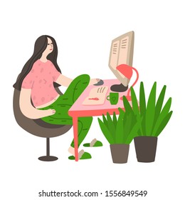 Happy young girl works at home at the computer. Female freelancer works at home. Daily life and routine by young woman at home. Flat cartoon vector illustration