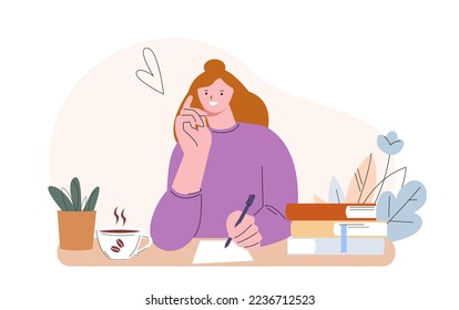 Happy young girl write diary, bullet journal or letter. Woman in love writing, smile female character sitting at desk with pen and paper page. Student vector scene