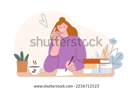 Happy young girl write diary, bullet journal or letter. Woman in love writing, smile female character sitting at desk with pen and paper page. Student vector scene
