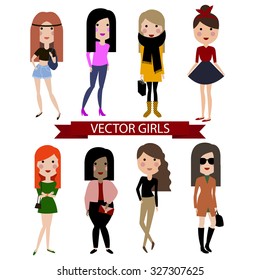 Happy young girls in dress, jeans, top and skirt. Vector people. Flat design. Trendy graphic cartoon simple style. Cute colorful character illustration.
