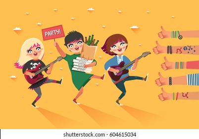 Happy young girls with guitar, beer, pizza and "Party" placard get thumbs up hand sign. Friendship lifestyle. Girls having fun. Colorful vector illustration in flat style.