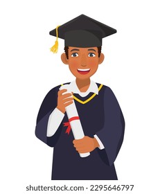 Happy young graduate African man in graduation gown and hat holding diploma and certificate