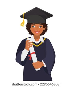 Happy young graduate African woman in graduation gown and hat holding diploma and certificate