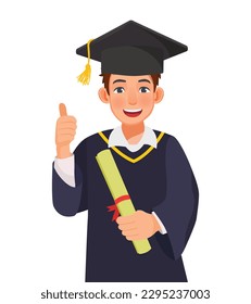 Happy Young graduate man in graduation gown und hat Diplom und Zertifikat mit Daumen-up