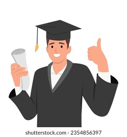 Happy young graduate man in graduation gown and hat holding diploma and certificate showing thumb up. Flat vector illustration isolated on white background