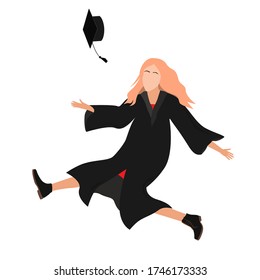 Happy young graduate student girl in graduation gown jumping and throwing the mortarboard high into the air. Flat vector illustration isolated on white.