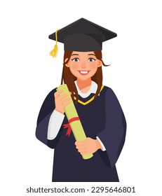 Happy young graduate woman in graduation gown and hat holding diploma and certificate