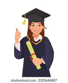 Happy young graduate woman in graduation gown and hat holding diploma and certificate showing thumb up