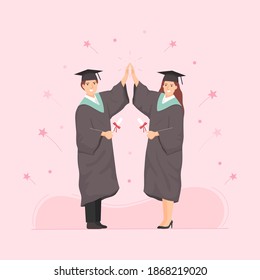 Happy young graduates in academic dresses are holding diplomas, giving high five. Flat cartoon character vector illustration.