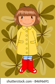Happy young gril in red wellingtons and yellow raincoat - autumn day. Vector