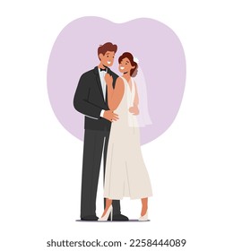 Happy Young Groom and Bride Posing and Hugging on Wedding Ceremony. Newlywed Man and Woman Getting Married. Isolated Wife and Husband Characters Romance. Cartoon People Vector Illustration