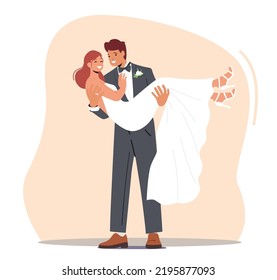 Happy Young Groom Carry Bride on Hands to Altar during Wedding Ceremony. Newlywed Man and Woman Getting Married. Isolated Wife and Husband Characters Romance. Cartoon People Vector Illustration