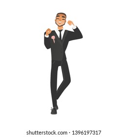 Happy young groom, man in suit, tuxedo in flat cartoon style. Groom on wedding ceremony with boutonniere. Isolated vector illustration on white background.