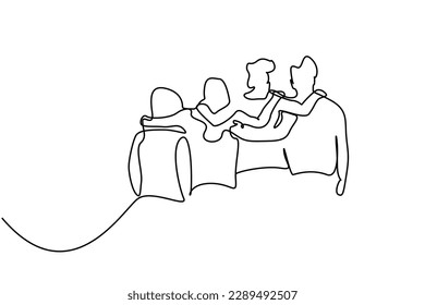 happy young group friends people selling together back rear behind view line art