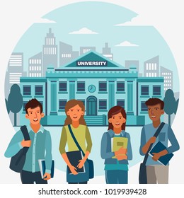 Happy and young group of students standing with notebooks. Back to school vector concept