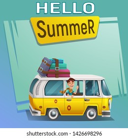 Happy young guy go on a trip to the minivan. Vector illustration of summer time.