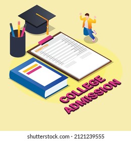 Happy young guy got accepted at college 3D isometric vector concept for banner, website, illustration, landing page, flyer, etc