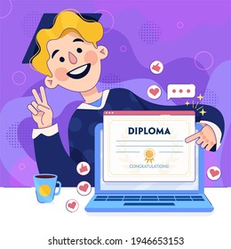 Happy young guy in his Virtual graduation ceremony - concept - 