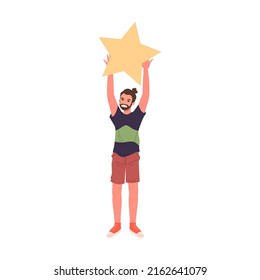 Happy young guy holding star over in hands. Satisfied customers rating services quality with review stars vector illustration. Clients giving