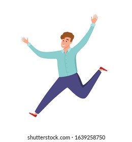 Happy young guy jumping in different poses vector illustration. Cartoon concept of joyful laughing man with raised hands. Flat positive boy lifestyle design for party, sport, dance, happiness, success