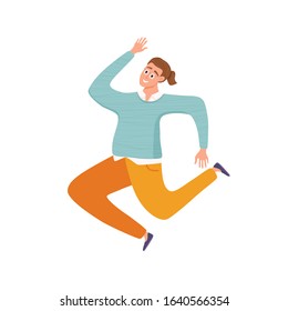 Happy young guy jumping in different poses vector illustration. Cartoon concept of joyful laughing man with raised hands. Flat positive boy lifestyle design for party, sport, dance, happiness, success