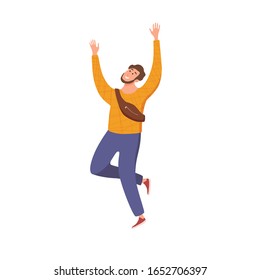 Happy young guy jumping in different poses vector illustration. Cartoon concept of joyful laughing man with raised hands. Flat positive boy lifestyle design for party, sport, dance, happiness, success