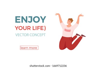 Happy young guy jumping in different poses vector illustration. Cartoon concept of joyful laughing man with raised hands. Flat positive boy lifestyle design for party, sport, dance, happiness, success