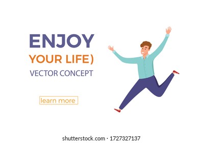 Happy young guy jumping in different poses vector illustration. Cartoon concept of joyful laughing man with raised hands. Flat positive boy lifestyle design for party, sport, dance, happiness, success